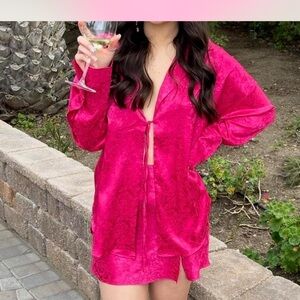 Vibrant Pink Satin Top skirt set